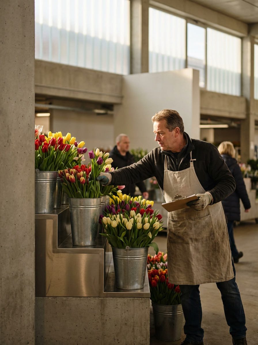 A man wearing a beige apron and gloves arranging tulips in metallic buckets at a flower market inside a building with large windows.