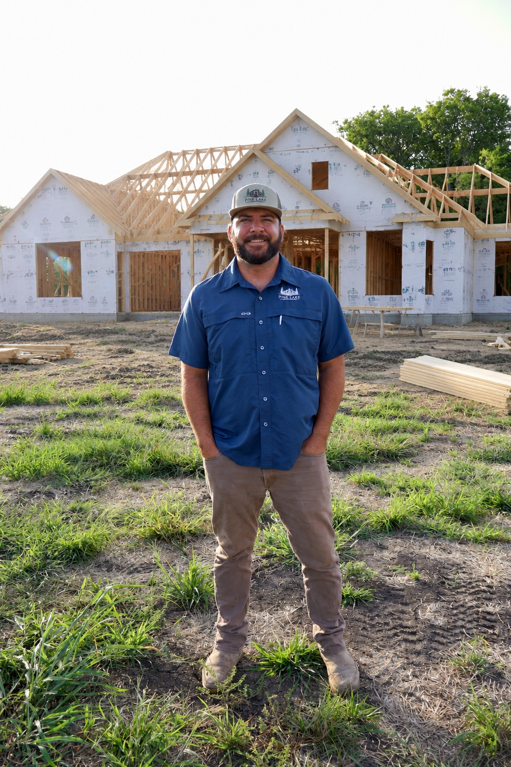 Trevor Sandoval standing in front of a house under construction, smiling, wearing a blue work shirt and a cap, on a grassy patch with construction materials around.