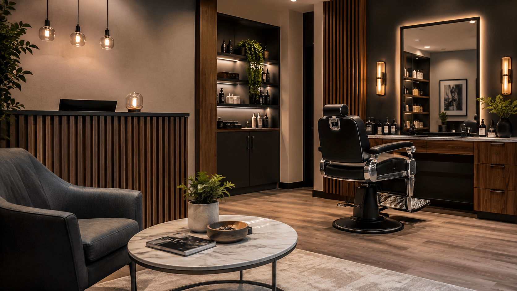 Modern barbershop interior with a vintage barber chair, large mirror, wooden cabinetry, shelving with grooming products, cozy seating area with a marble table, and warm ambient lighting.