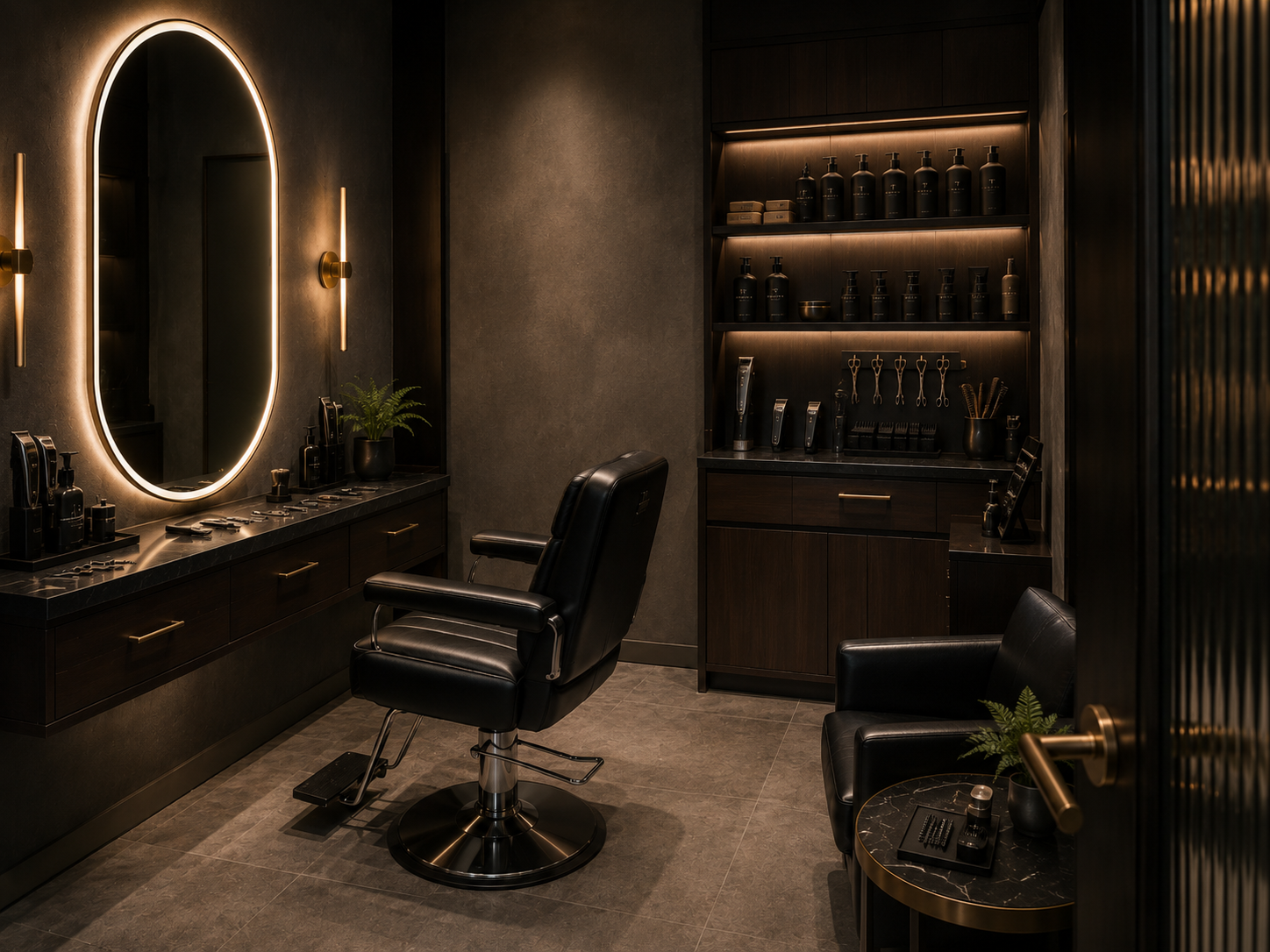 A luxurious barber's or salon's interior with a black leather chair facing a backlit oval mirror, a dark wooden countertop with barber tools, a small potted plant, and a shelf stocked with hair and grooming products. The room features dark tones and warm lighting.
