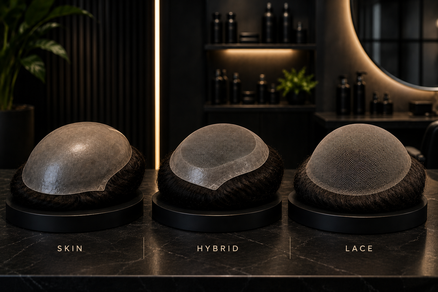 Three hair toppers on display labeled 'Skin', 'Hybrid', and 'Lace' on a black marble countertop in a modern salon or boutique with dark decor and a round mirror.