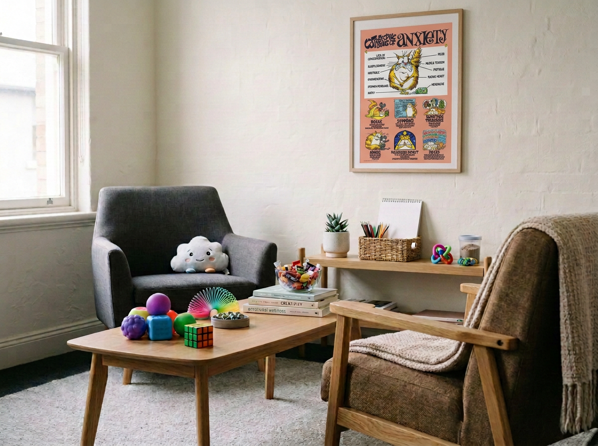 A cozy living room with a gray armchair, a wooden coffee table with colorful toys, a small side table with books, a plant, and art on the wall.