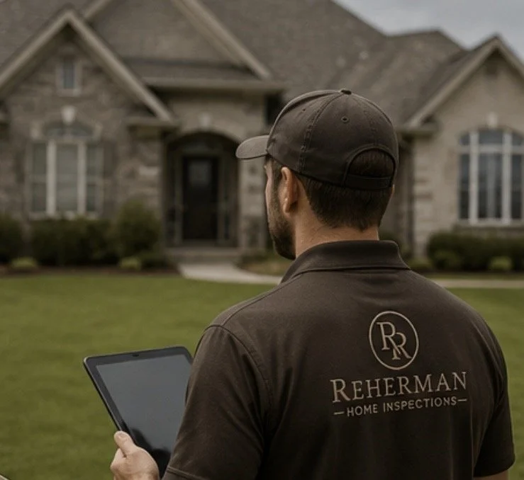A home inspector with REHERMAN Home Inspections logo on his shirt holding a tablet in front of a large house.