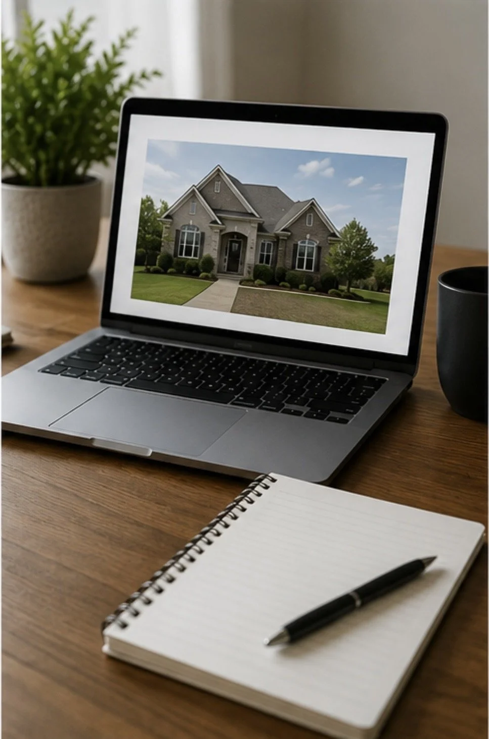 Laptop displaying a house image, on a wooden desk with a notebook and pen, potted plant, and black cup in a room with neutral walls.
