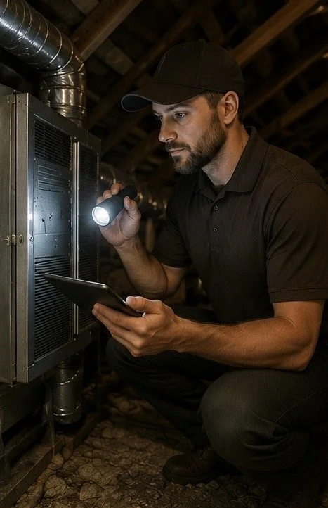 A man wearing a black cap and shirt inspecting an electrical panel with a flashlight in a dimly lit attic or crawl space.