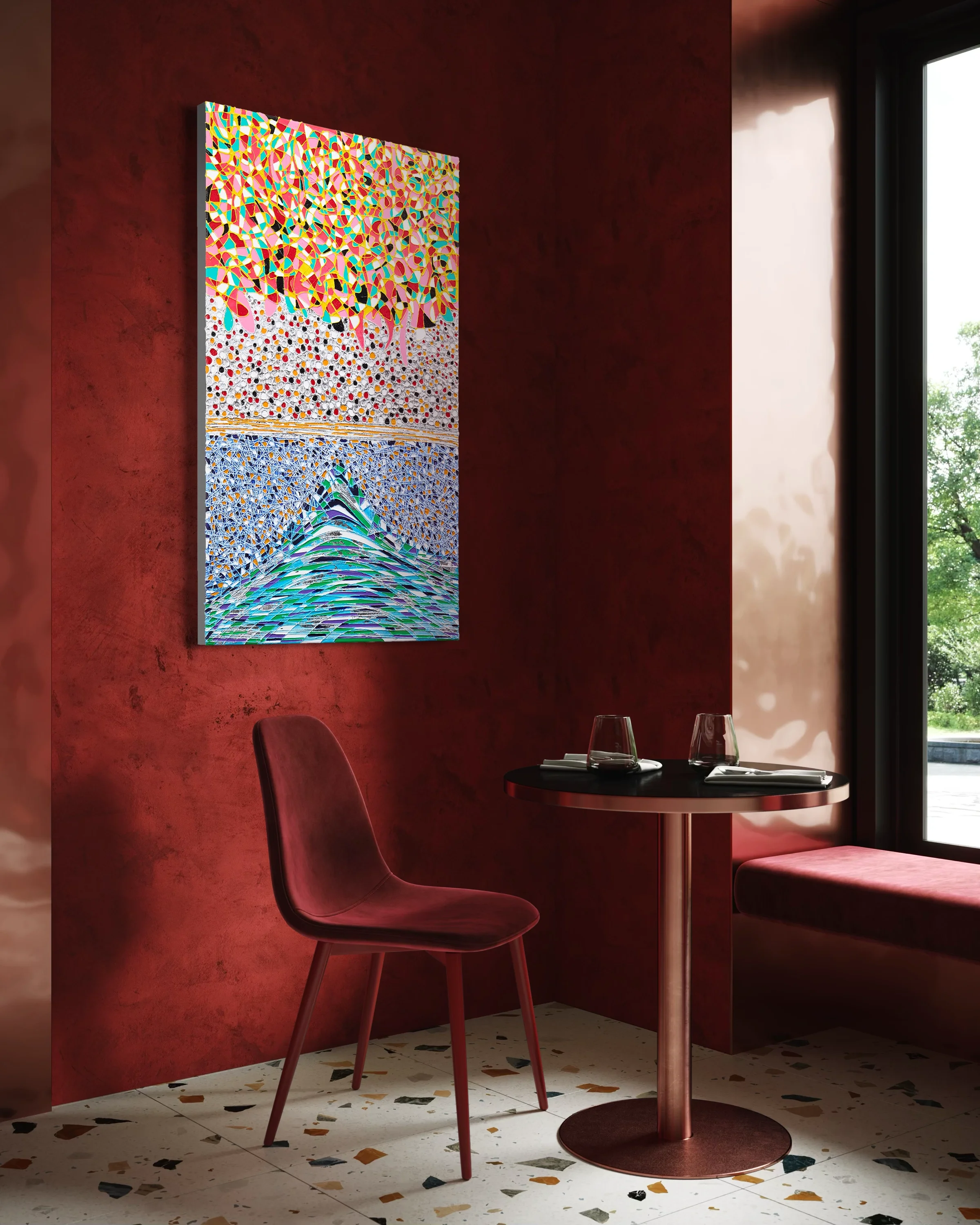 Acrylic abstract painting by Keith Hall with layered textures and expressive mark-making.