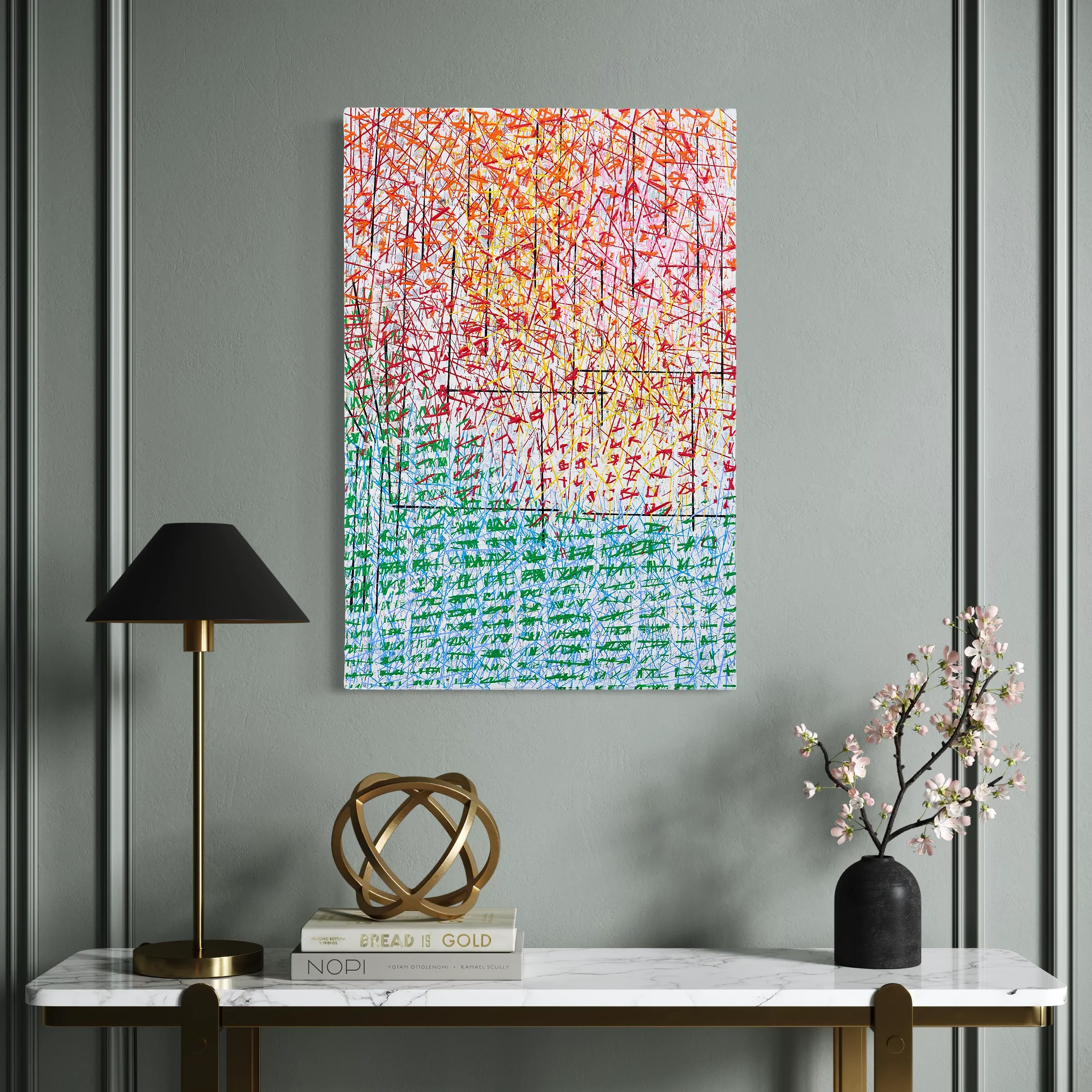 Acrylic abstract painting by Keith Hall with layered textures and expressive mark-making.