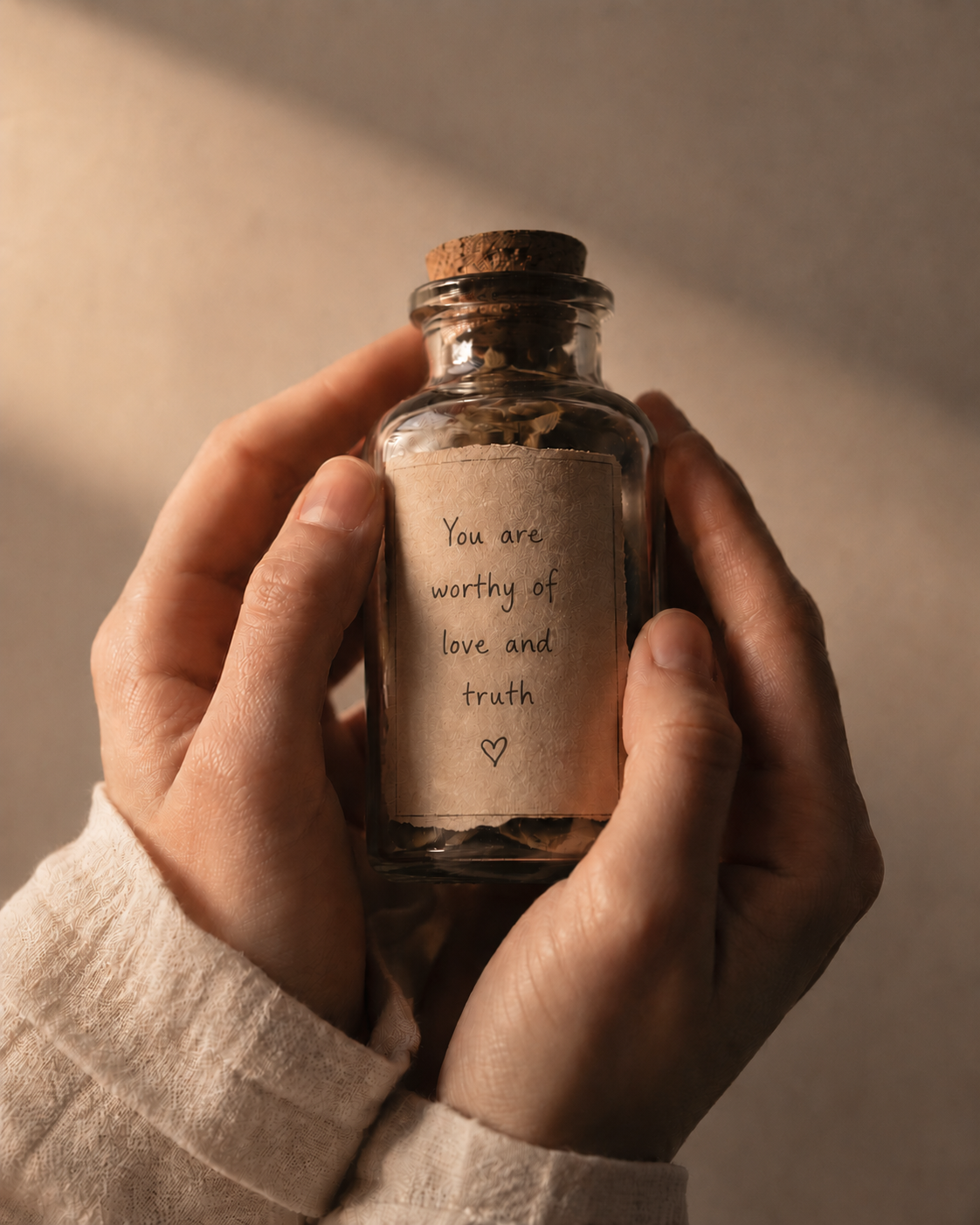 A person's hands holding a small glass jar with a cork lid, containing dried flowers and a handwritten note that reads 'You are worthy of love and truth' with a small heart symbol.
