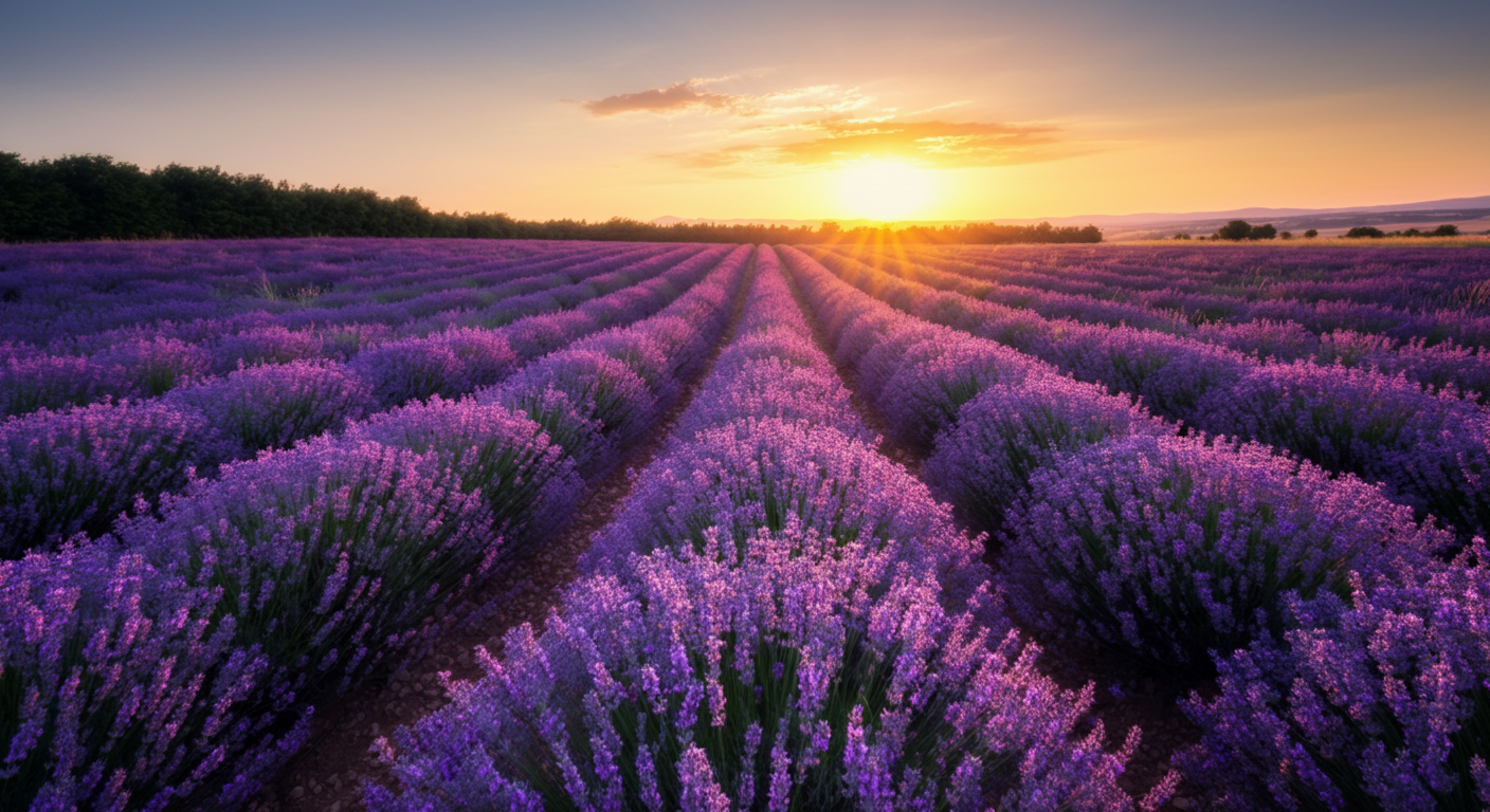 A vast lavender field at sunset, with rows of purple lavender plants stretching toward the horizon and a setting sun in the background.