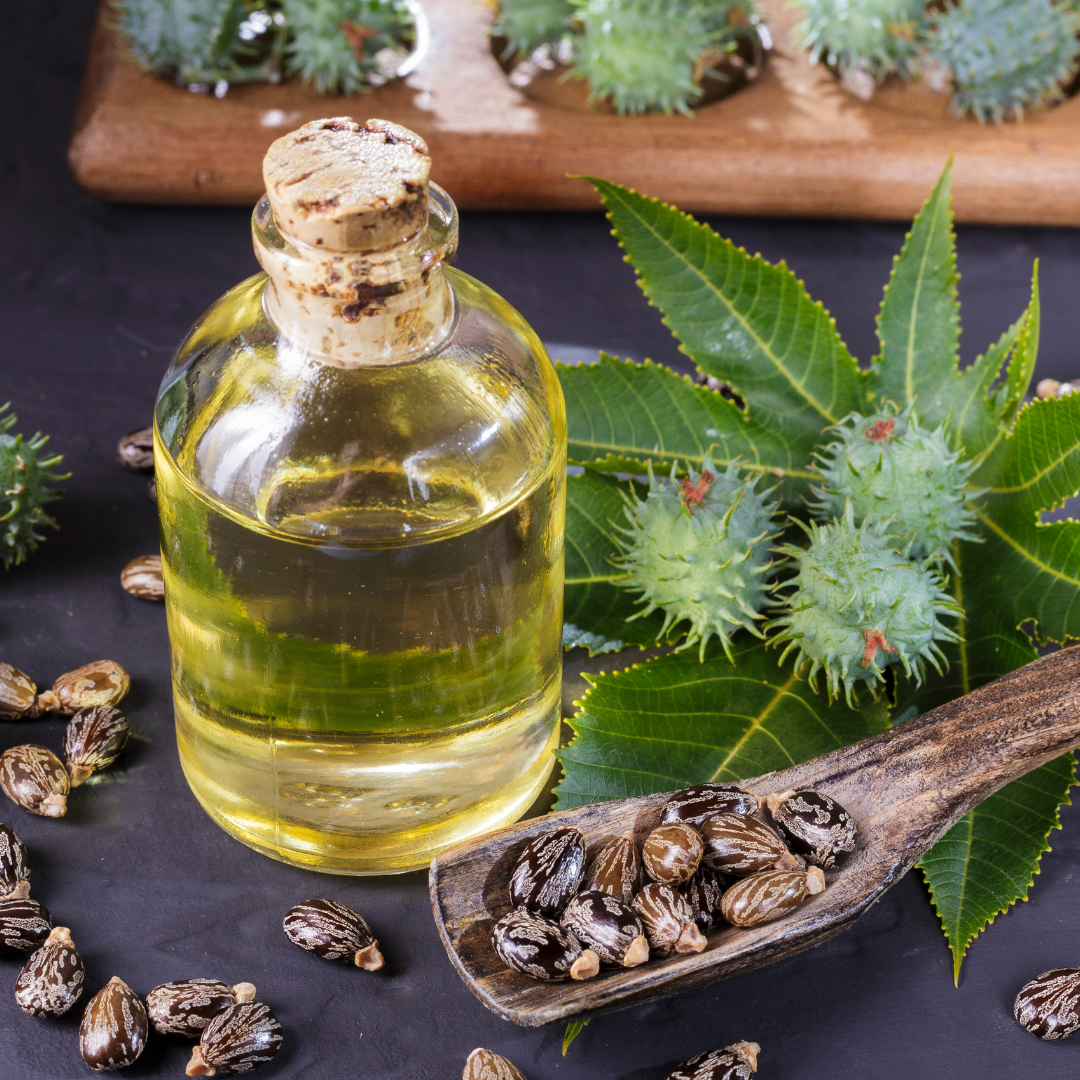 a bottle of castor oil on a table surrounded by castor bean leaves and beans
