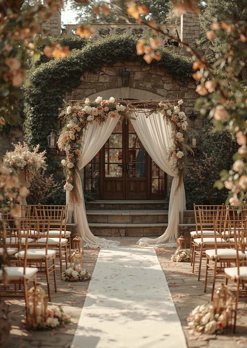 Outdoor wedding ceremony setup with a floral archway decorated with white and soft-colored flowers and greenery, white drapes, wooden chairs, lanterns, and floral arrangements along the aisle, on a stone-paved courtyard in front of a brick building with arched entrance and lush greenery.