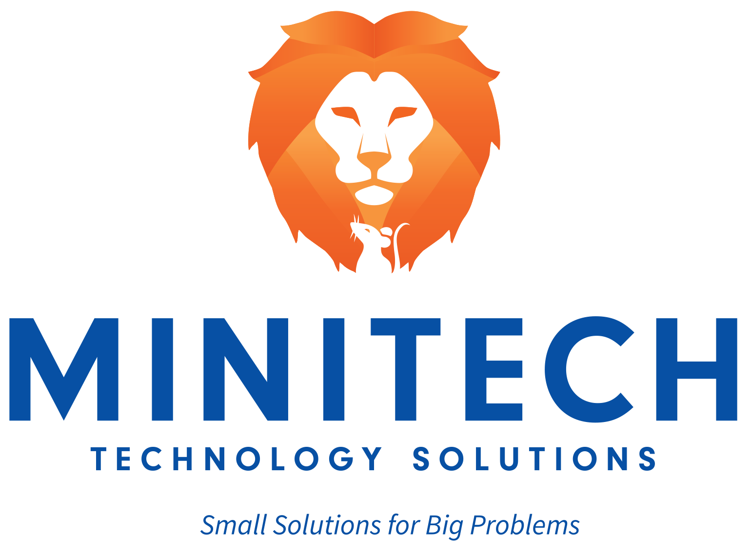 Logo of MinTech Technology Solutions with a lion's face in the center, a small mouse at the bottom, and the slogan "Small Solutions for Big Problems" beneath.