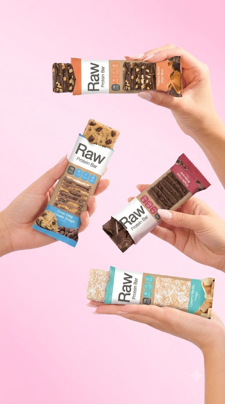 Four hands holding different flavors of Raw protein bars against a pink background.