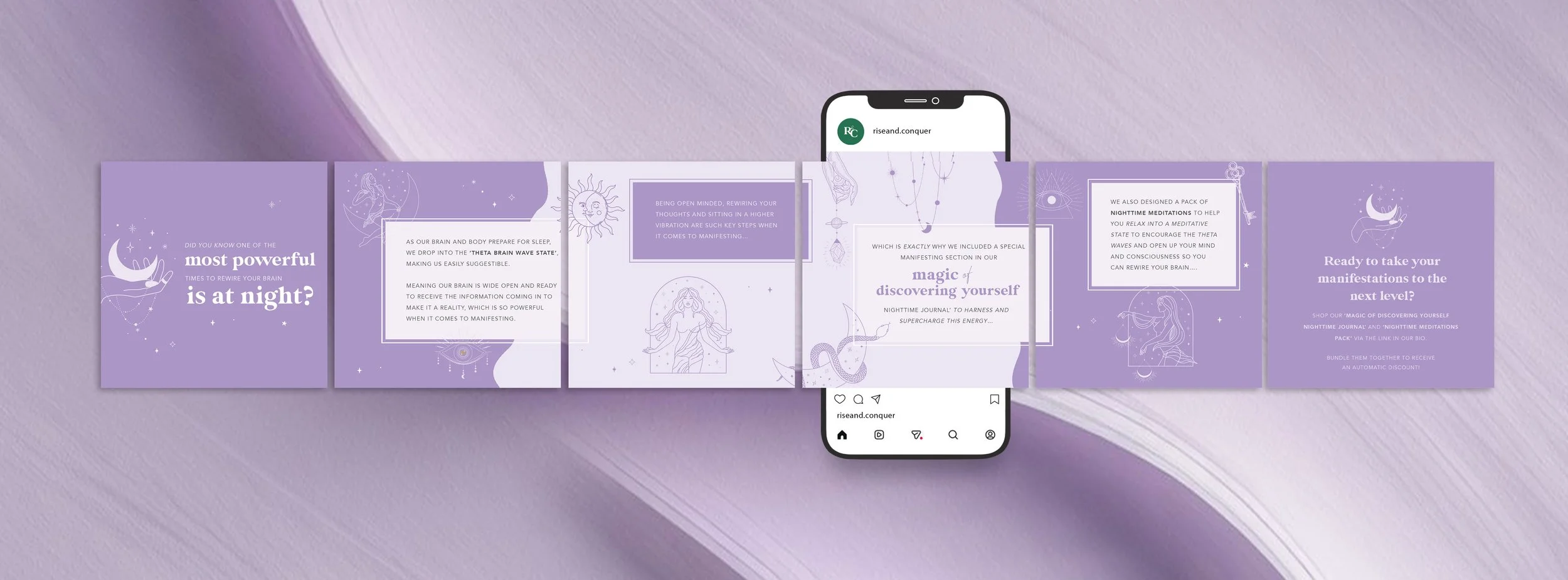 A series of six purple-themed digital cards with white and darker purple text and mystical illustrations, displayed on a flat surface, with a smartphone in the center showing an Instagram post. The cards discuss topics related to night-time meditation and brain power.