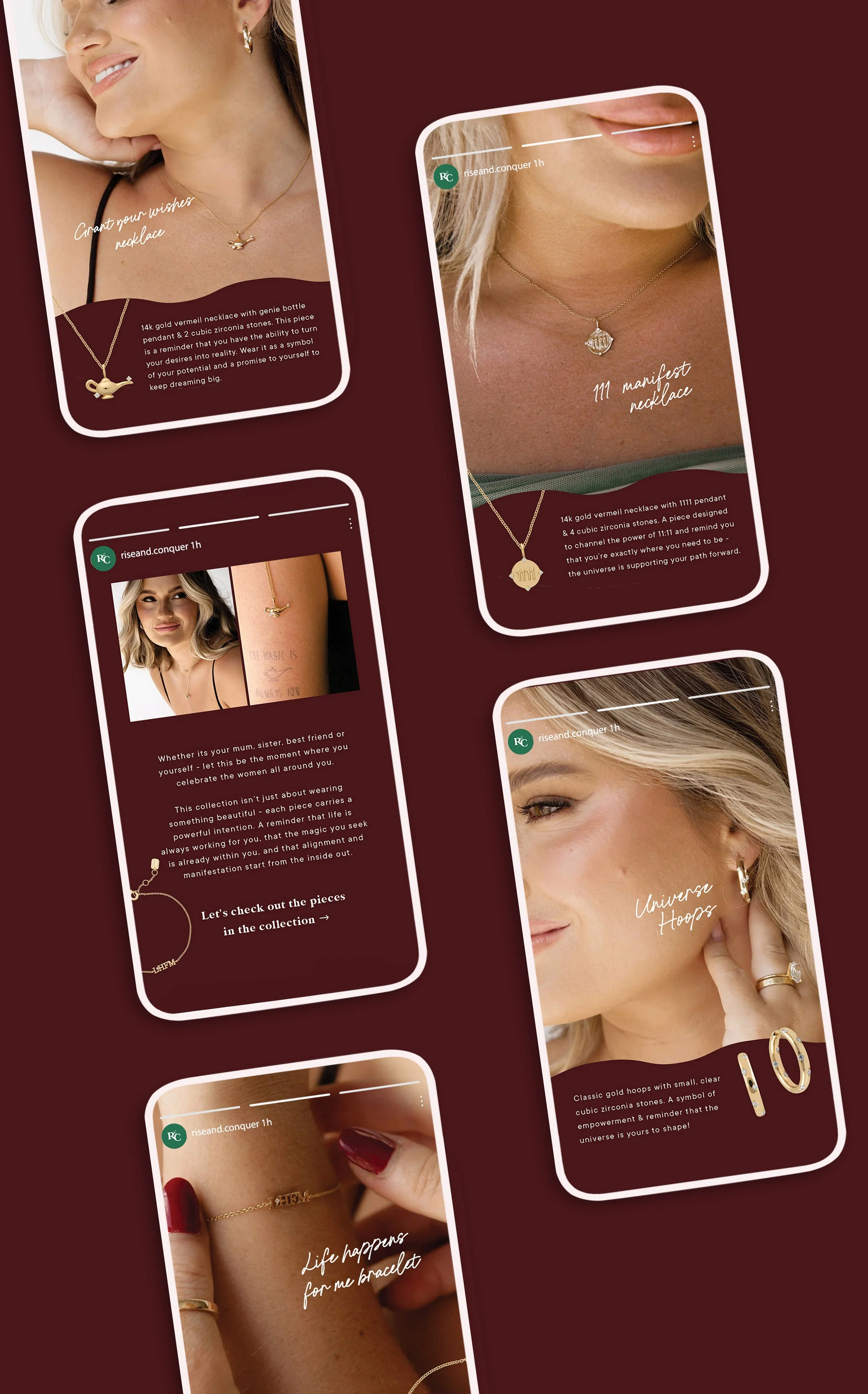 Collage of jewelry advertisements featuring women wearing gold and silver necklaces, earrings, and bracelets. The images highlight various jewelry pieces with accompanying text about their design and symbolism.
