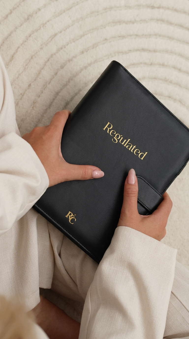 Person holding a black planner with the word 'Regulated' written on the cover.