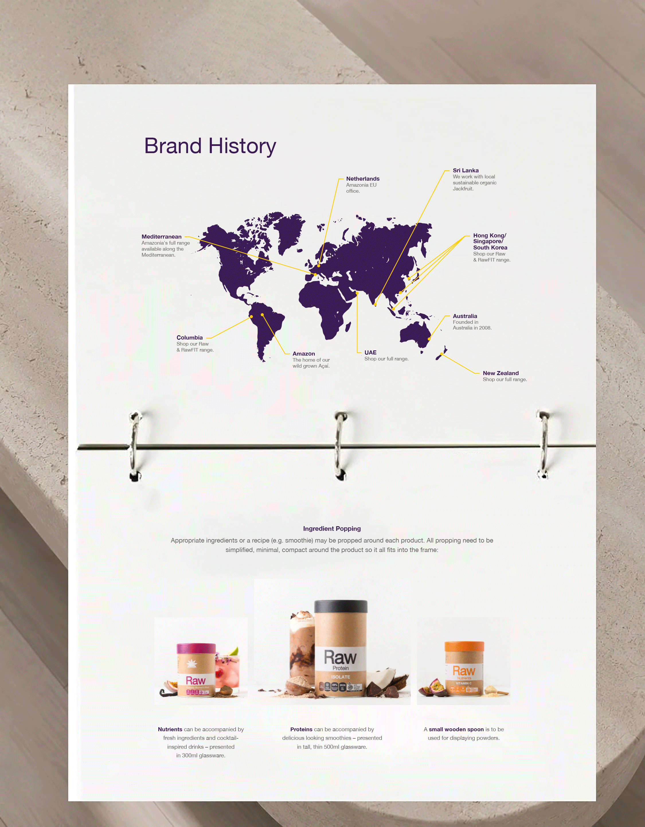 A world map highlighting various countries with labels indicating brand history and product information. Countries include Netherlands, Sri Lanka, Hong Kong/South Korea, Australia, New Zealand, Amazon, Columbia, and UAE. The map features lines connecting each country to descriptions of operations or products in those regions.