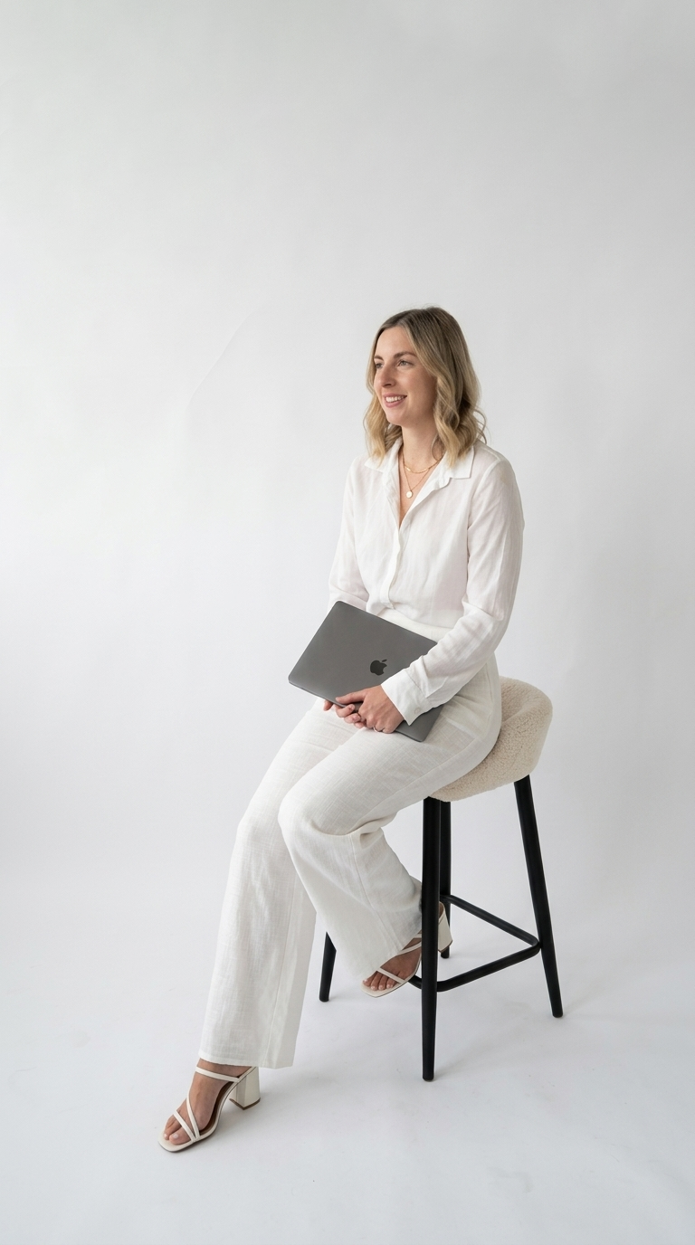 A woman with blonde hair sits on a stool, holding a closed gray laptop with an Apple logo, wearing an all-white outfit and high-heeled sandals.