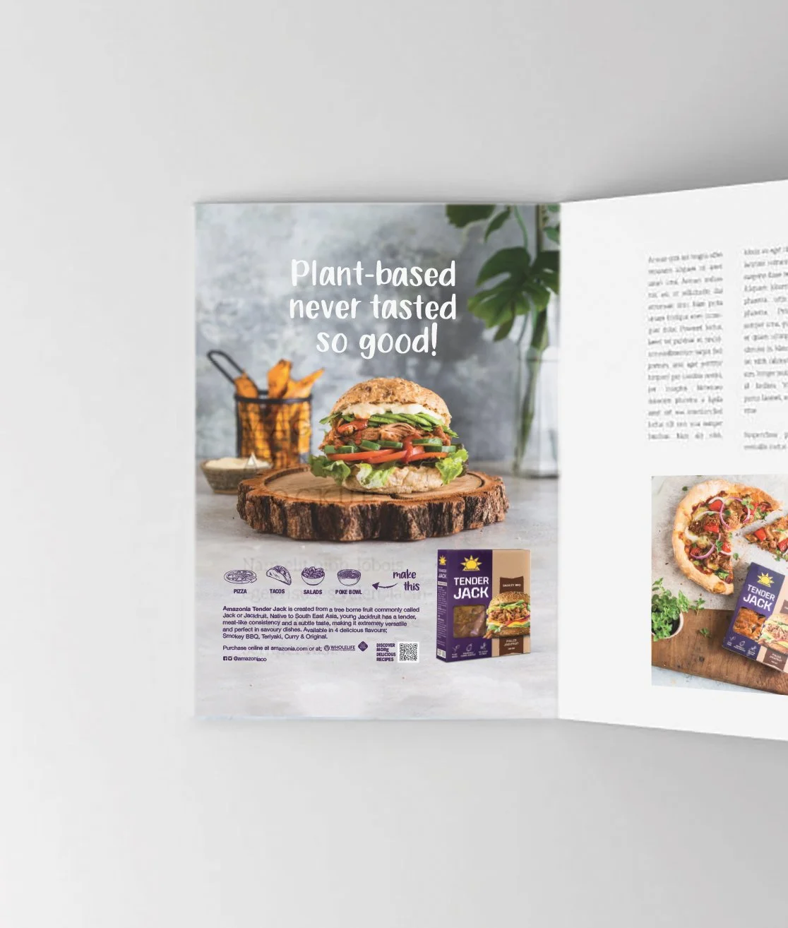 Advertisement featuring a plant-based burger on a wooden slab with the text "Plant-based never tasted so good!" and a box of Tender Jack plant-based meat product at the bottom right.