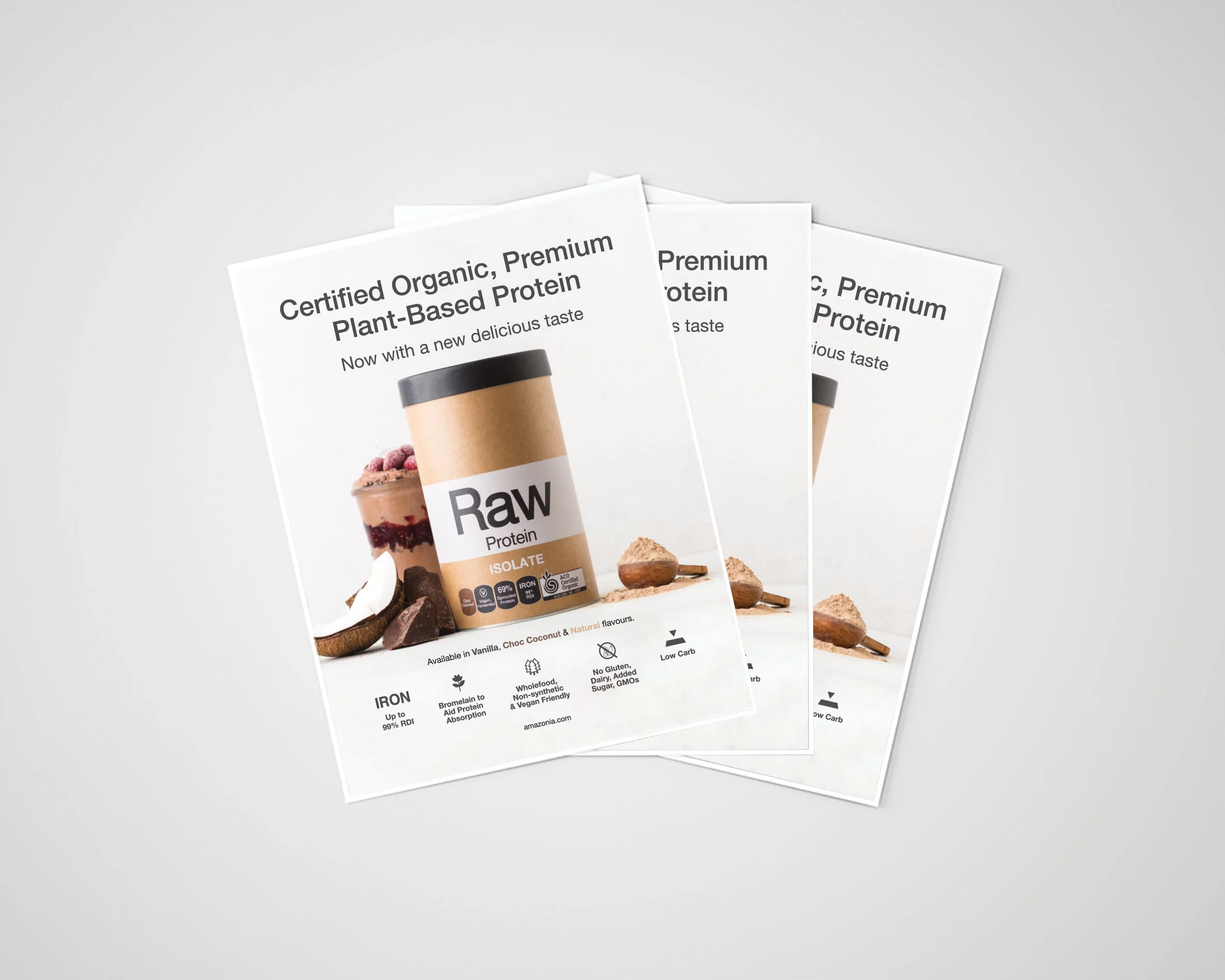 Three flyers for plant-based protein powder, featuring a container of protein powder and some nuts and chocolate on a white background.