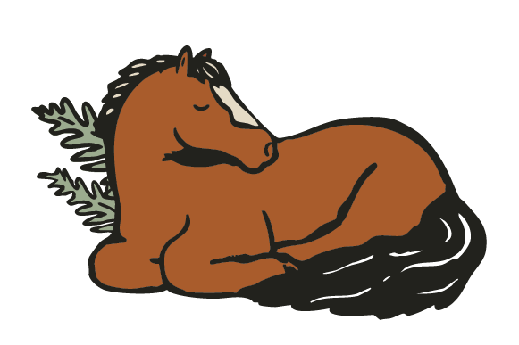 A drawing of a brown horse resting with its eyes closed near fern fronds.