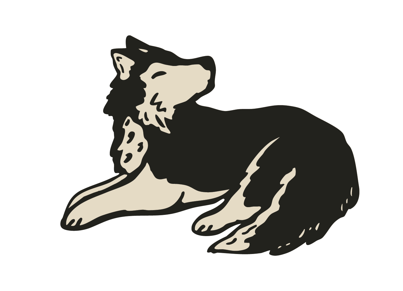 Illustration of a black and beige dog lying down with its eyes closed.