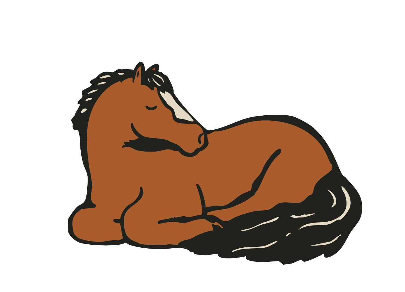 A cartoon illustration of a brown horse with a black mane lying down with eyes closed.