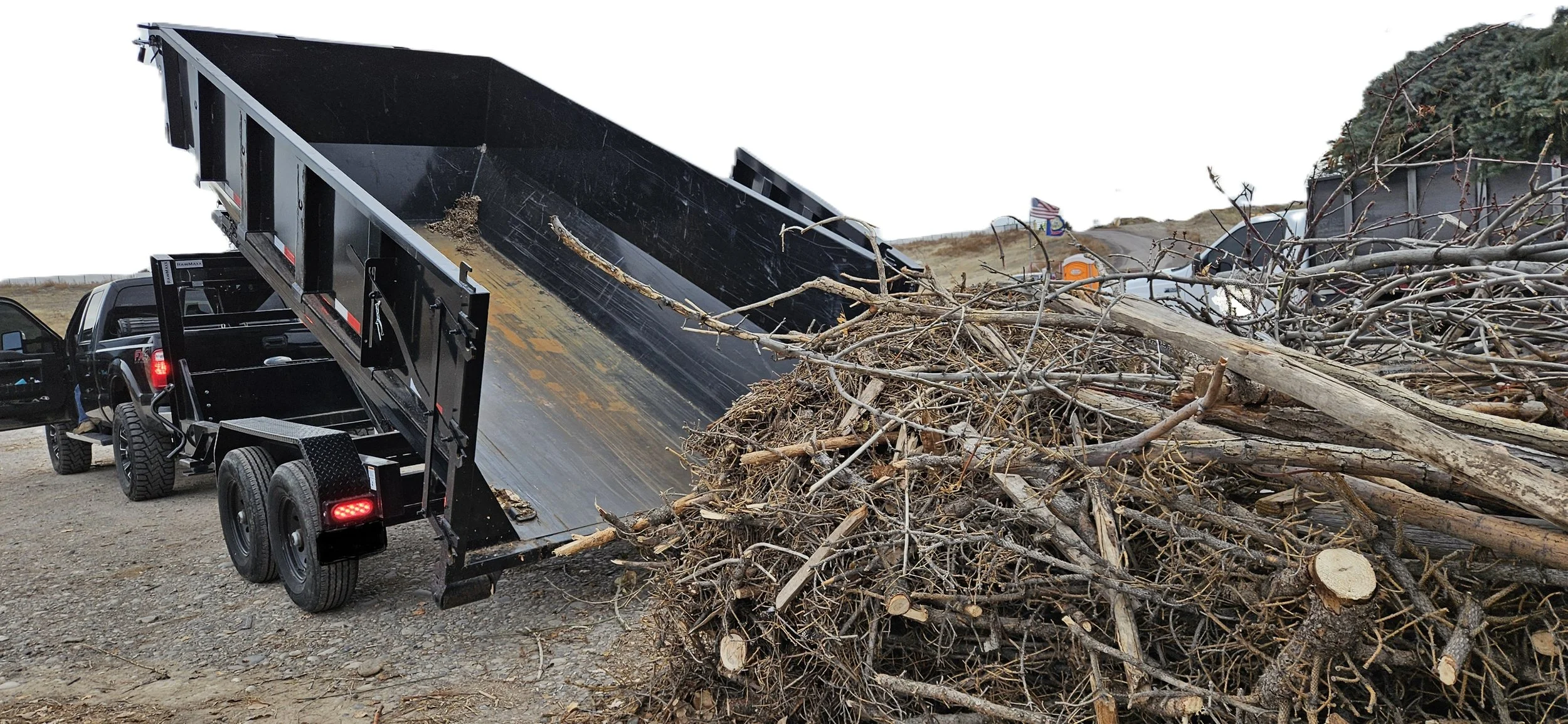 A black dump truck unloading a large pile of tree branches and wood debris on a dirt lot.