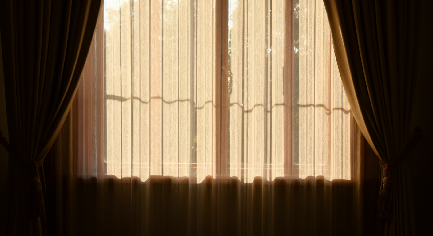 A clear window with sheer curtains and heavy drapes pulled to the sides, sunlight pouring through.