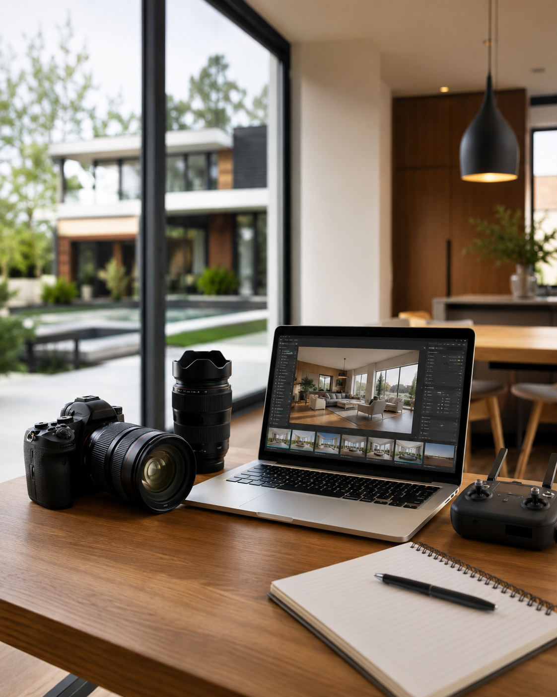 Photograph of a home interior workspace with a wooden desk holding a camera, a DSLR, multiple camera lenses, a drone controller, a laptop showing an interior space, a notepad, a pen, and large windows overlooking a modern house and garden.