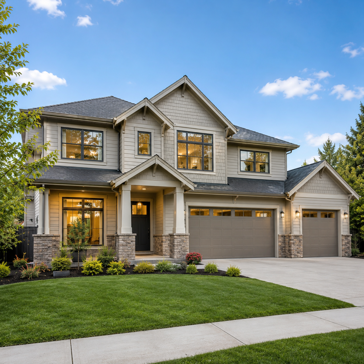 A modern two-story suburban house with a manicured front yard, green lawn, and landscaping. The house features a gray exterior with stone accents, multiple windows, and a three-car garage. The sky is blue with a few clouds, and the house has exterior lighting on.