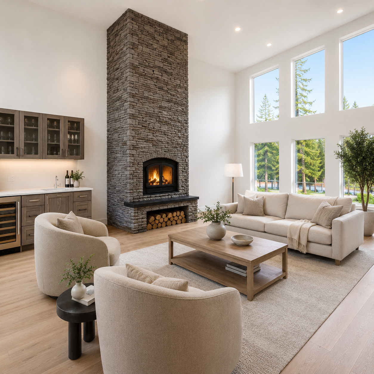 Modern living room with a tall stone fireplace, cream sofas, wooden coffee table, large windows showing trees outside, and light wood flooring.