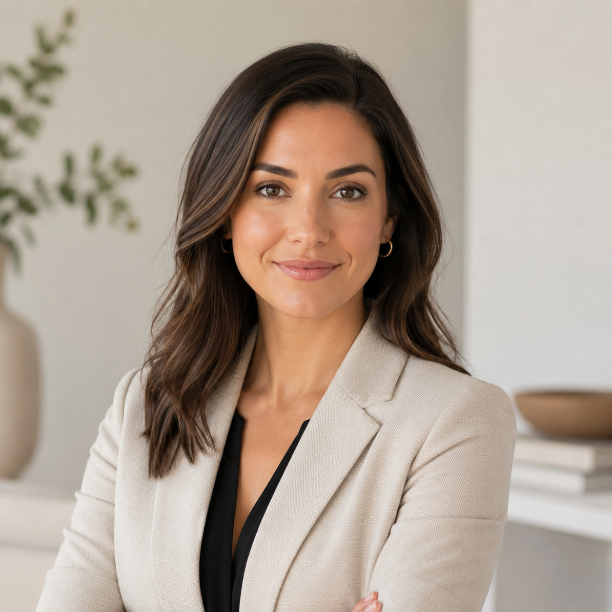 A woman with shoulder-length brown hair wearing a beige blazer and black top. She is smiling and has her arms crossed. The background includes blurred indoor decor with plants and a white shelf.