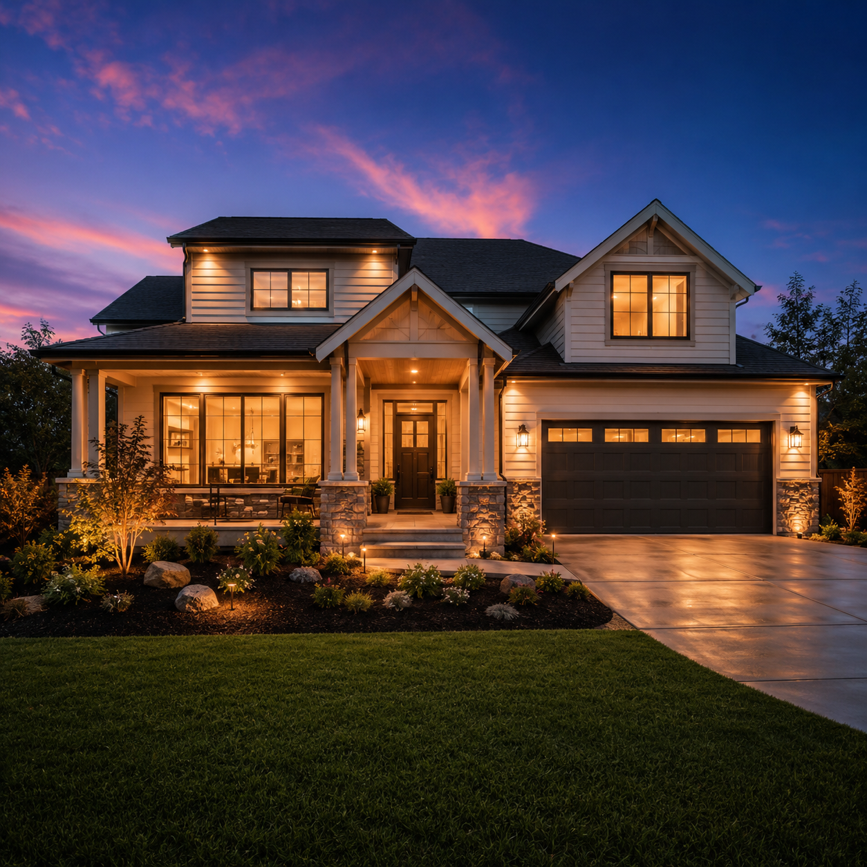 A two-story house with exterior lighting at dusk, featuring a front porch, stone accents, and a double garage. The sky is colorful with pink and purple hues.