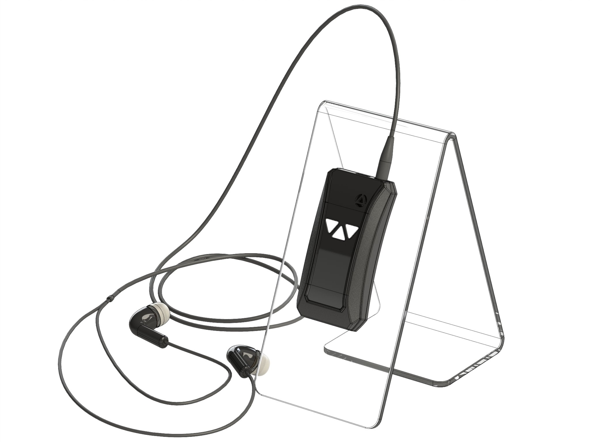 Wireless earbuds connected to a smartphone placed on a transparent metal stand, with a pair of earphones laid out on the stand.