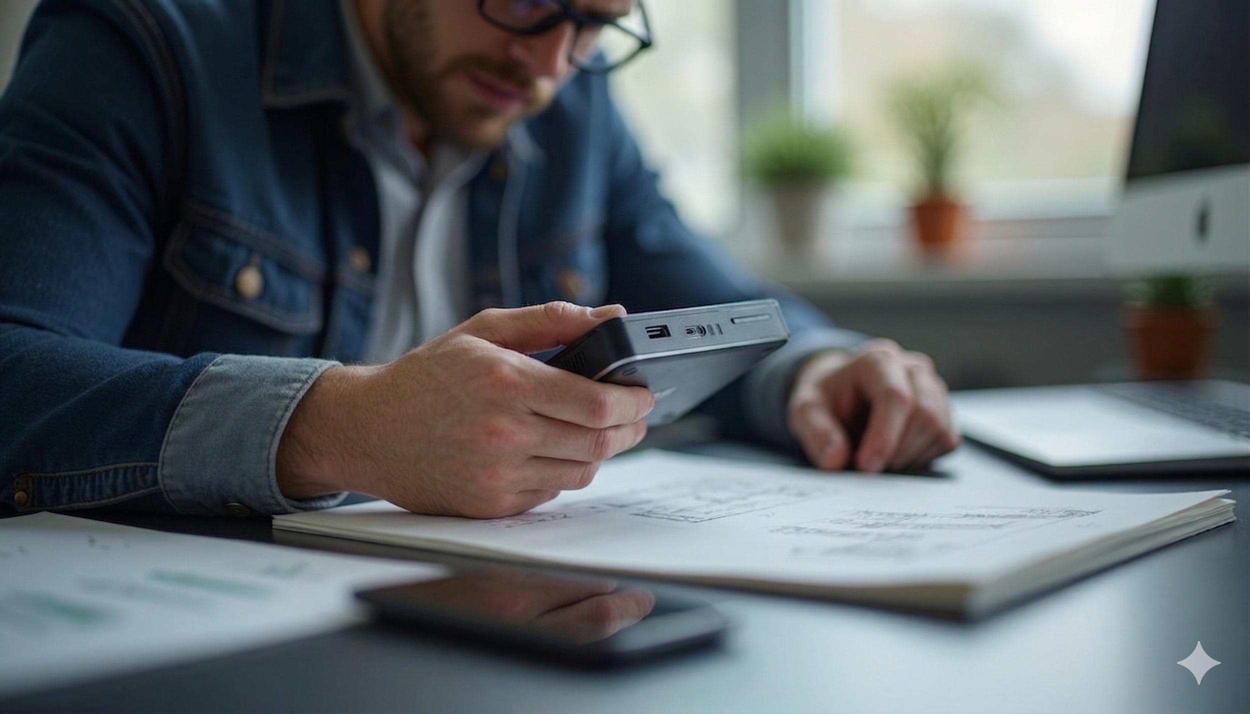 A man with glasses in a denim jacket working at a desk, reading a booklet and holding a portable electronic device.