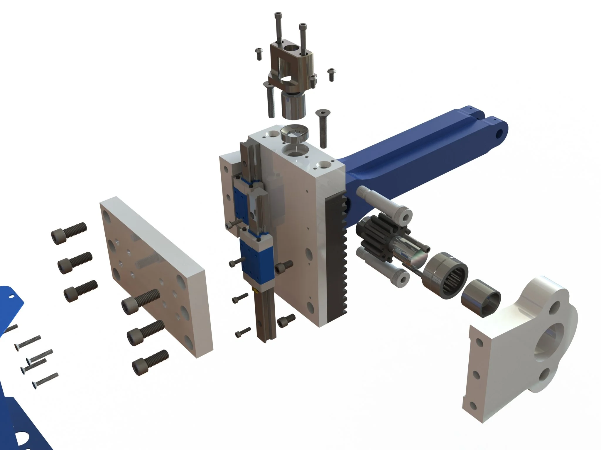 A detailed technical illustration of a mechanical assembly with metal and plastic parts, screws, and gears.