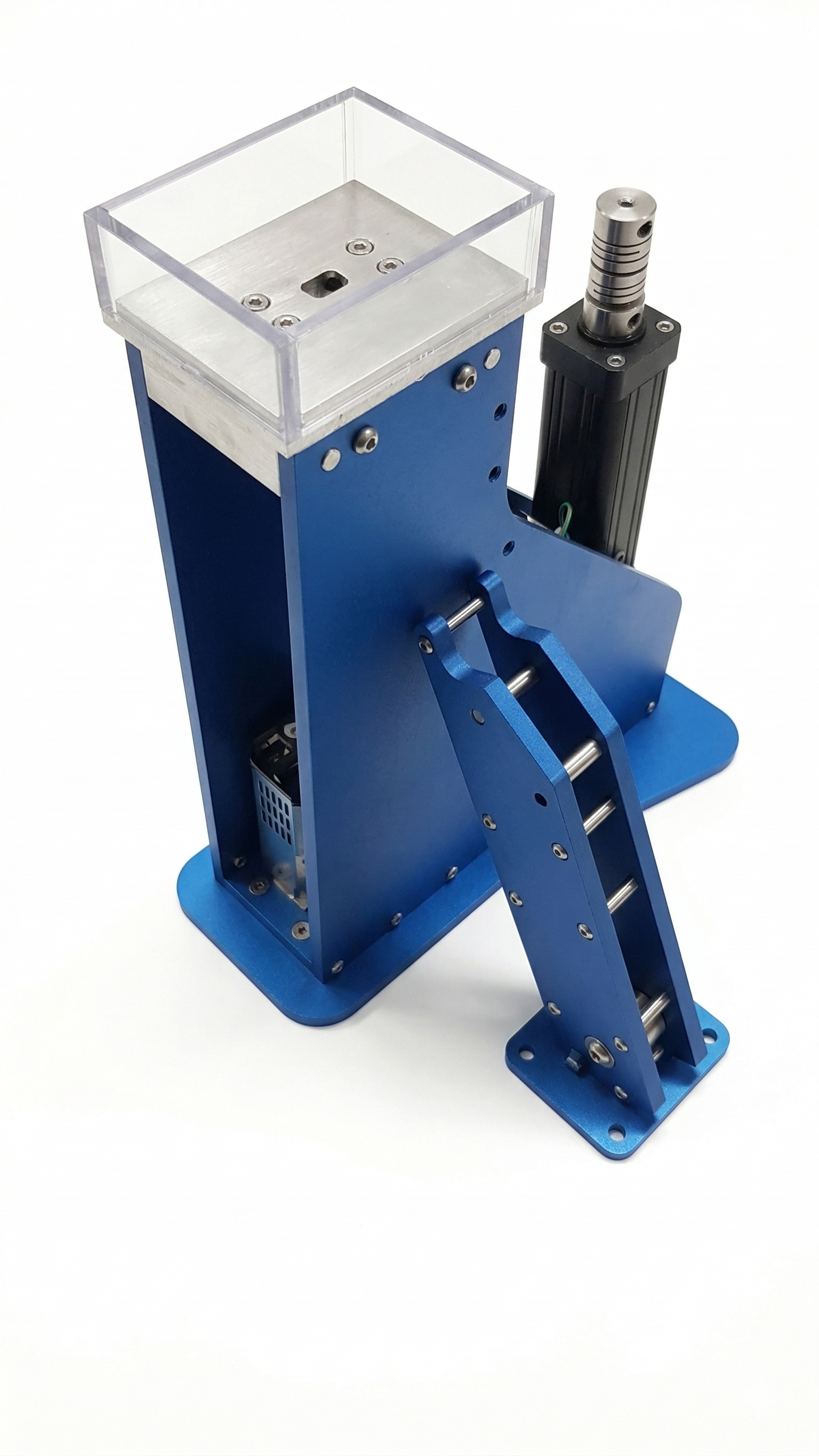 A blue and silver mechanical device with rollers, a clear plastic box on top, and a small ladder.
