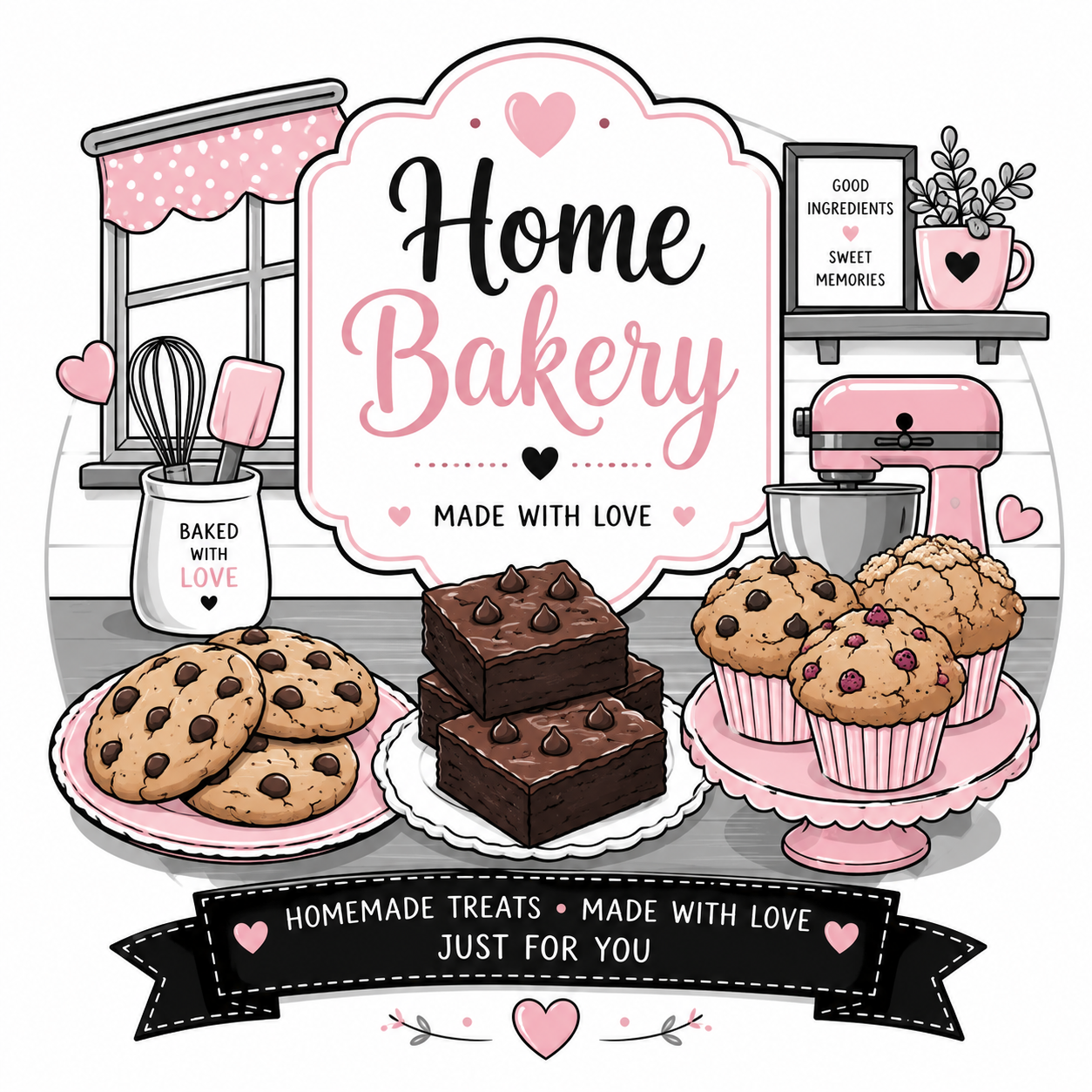 Decorative illustration of a cozy kitchen scene with cookies, brownies, and muffins on pink and white plates. A pink stand mixer, a shelf with a framed sign reading 'Good ingredients, sweet memories,' and a jar labeled 'Baked with love' on the windowsill are also depicted. Centered is a sign saying 'Home Bakery, made with love,' emphasizing homemade baked goods.