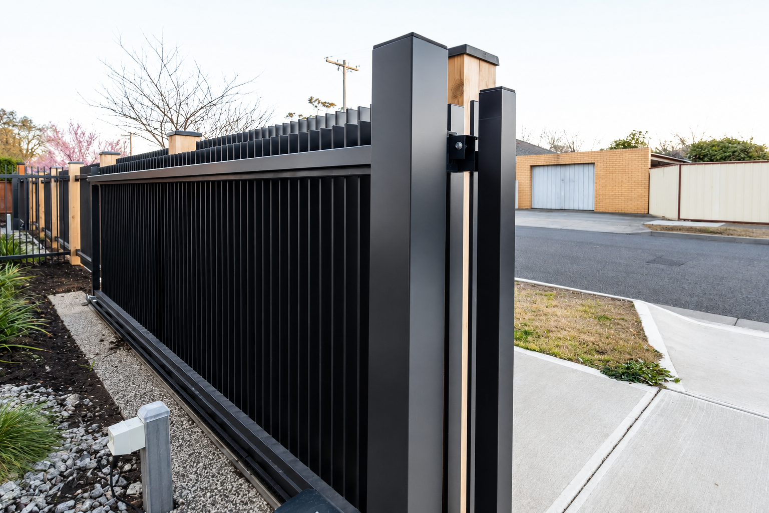 Black batten front gate - manufactured and installed by Swift Powdercoating & Fencing Brisbane
