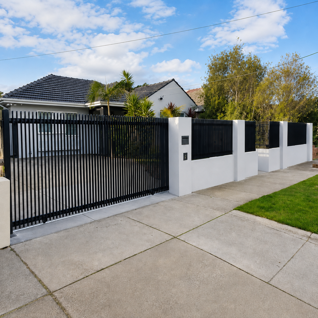Black batten front gate - manufactured and installed by Swift Powdercoating & Fencing Brisbane