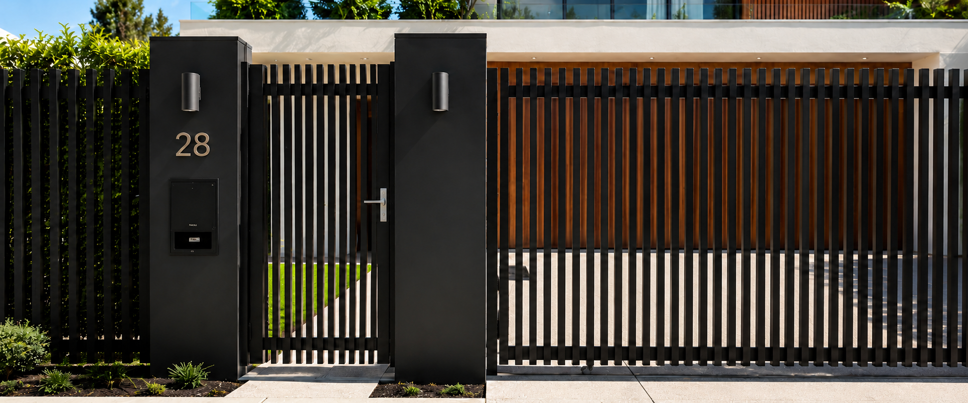 White metal fence with vertical bars, installed along a concrete pathway outdoors on a cloudy day.