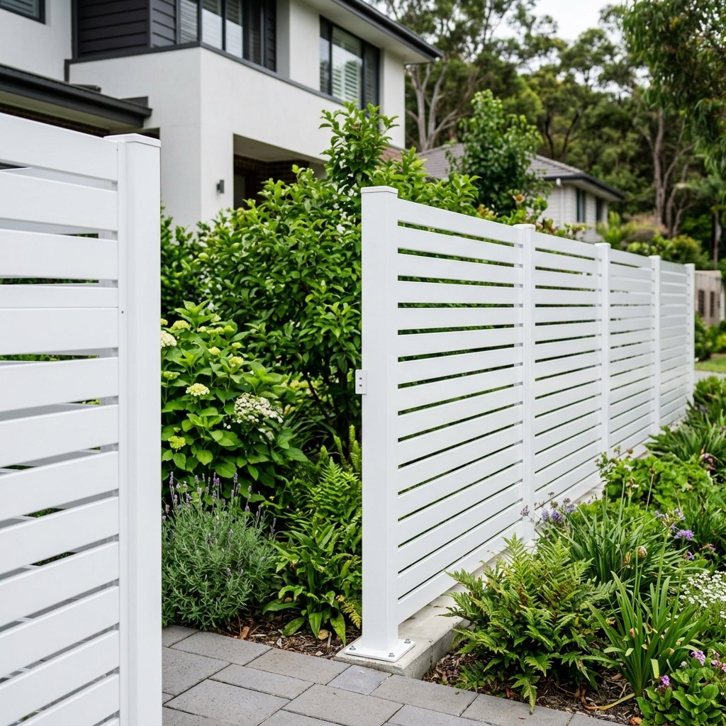A white privacy fence runs along a garden with green shrubs and colorful flowers near a modern house with large windows.