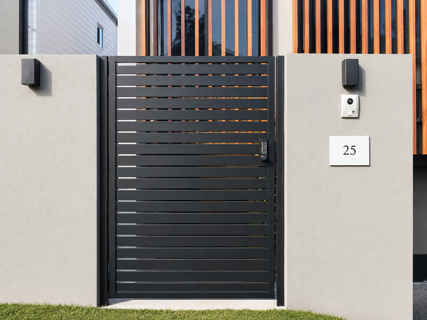 Modern black metal gate with keypad lock at the entrance of a property, flanked by light gray concrete walls, with house number 25 and security camera mounted on the wall.