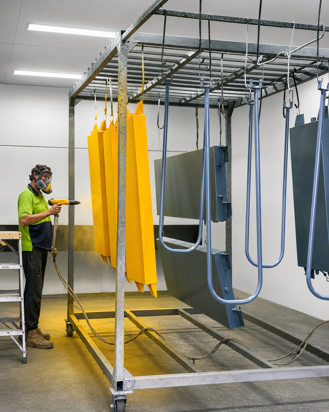 A person wearing a respirator and safety gear is spray painting metal parts yellow and gray in a workshop.