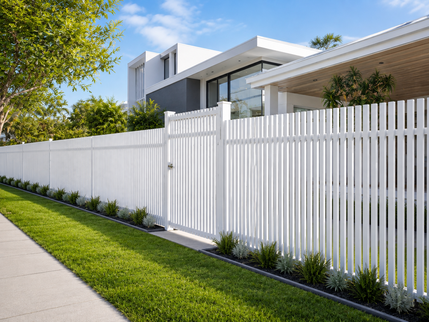 white batten front fence manufactured by Swift Powdercoating and Fencing Brisbane