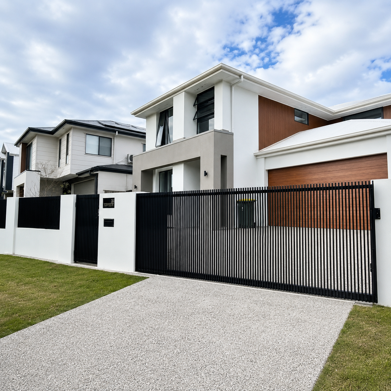 Black batten front gate - manufactured and installed by Swift Powdercoating & Fencing Brisbane