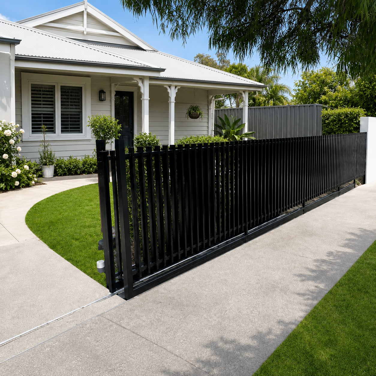 Front yard of a white house with a black metal fence and green plants, with a concrete sidewalk and a curved patch of grass.