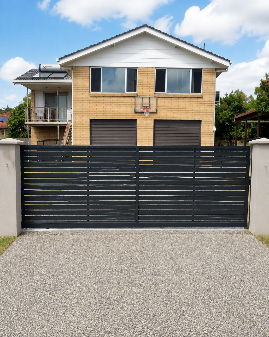 Modern two-story house with a brick exterior, a black gate in the front, and a basketball hoop attached to the house. The house has windows and a small balcony on the side.