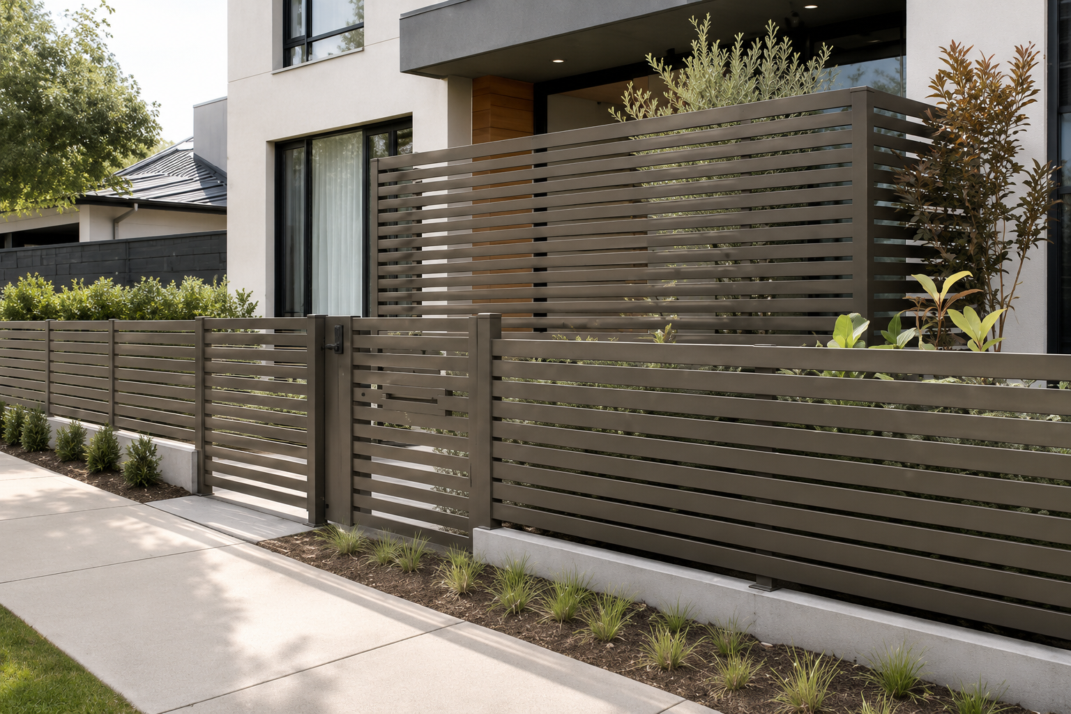 Modern residential building with a jasper brown horizontal slat fence and gate.